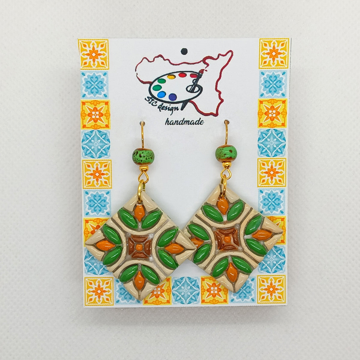 Hand-painted earrings Ochre green and Ochre blue