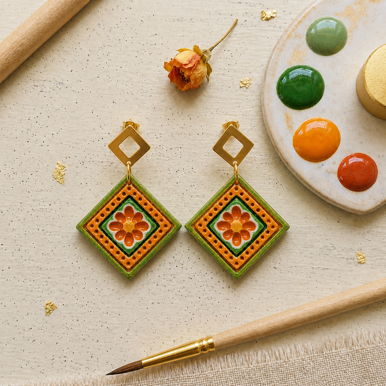 Hand-painted e Earrings - Salmon and Gold Petals