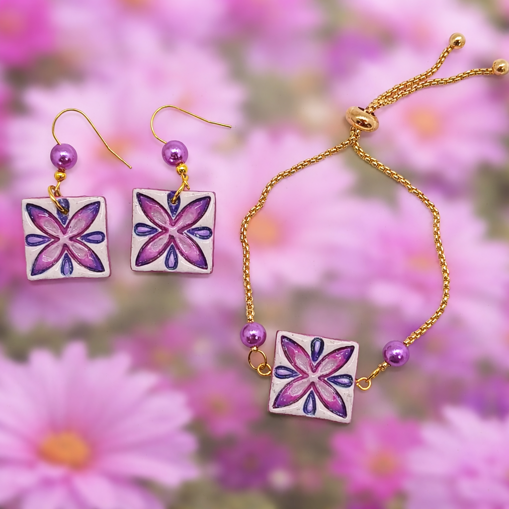 02. Set coordinato Orecchini e Bracciale Dipinti a mano  – Petali viola