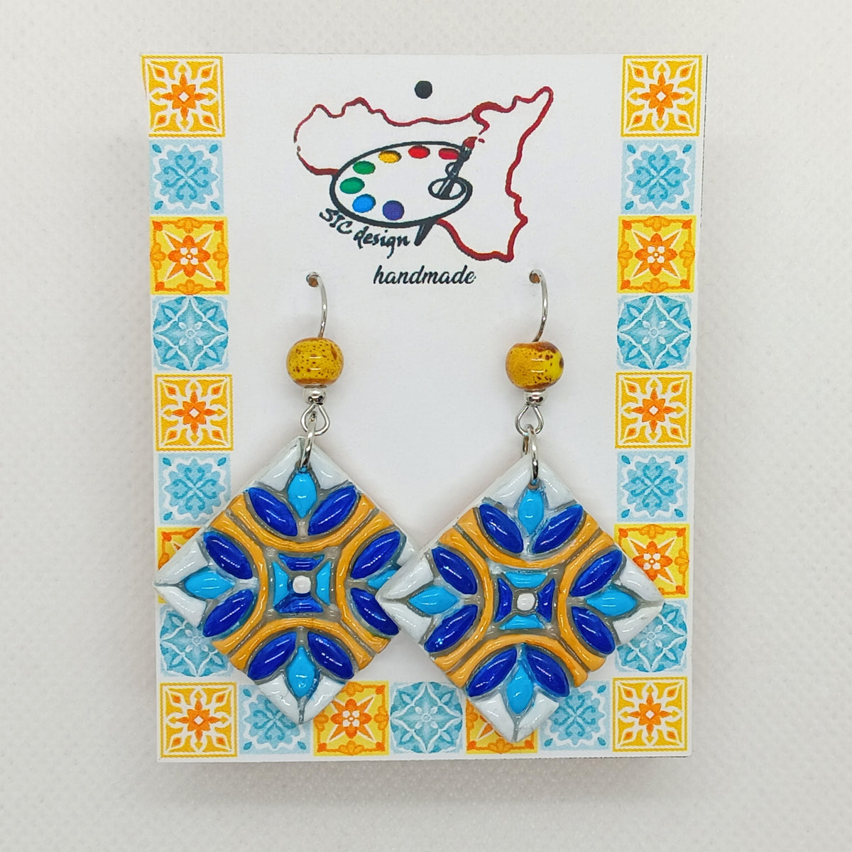 Hand-painted earrings Ochre green and Ochre blue