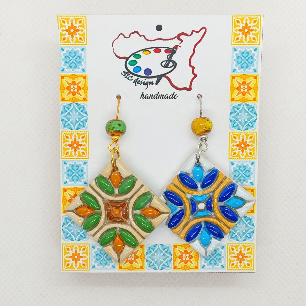 Hand-painted earrings Ochre green and Ochre blue