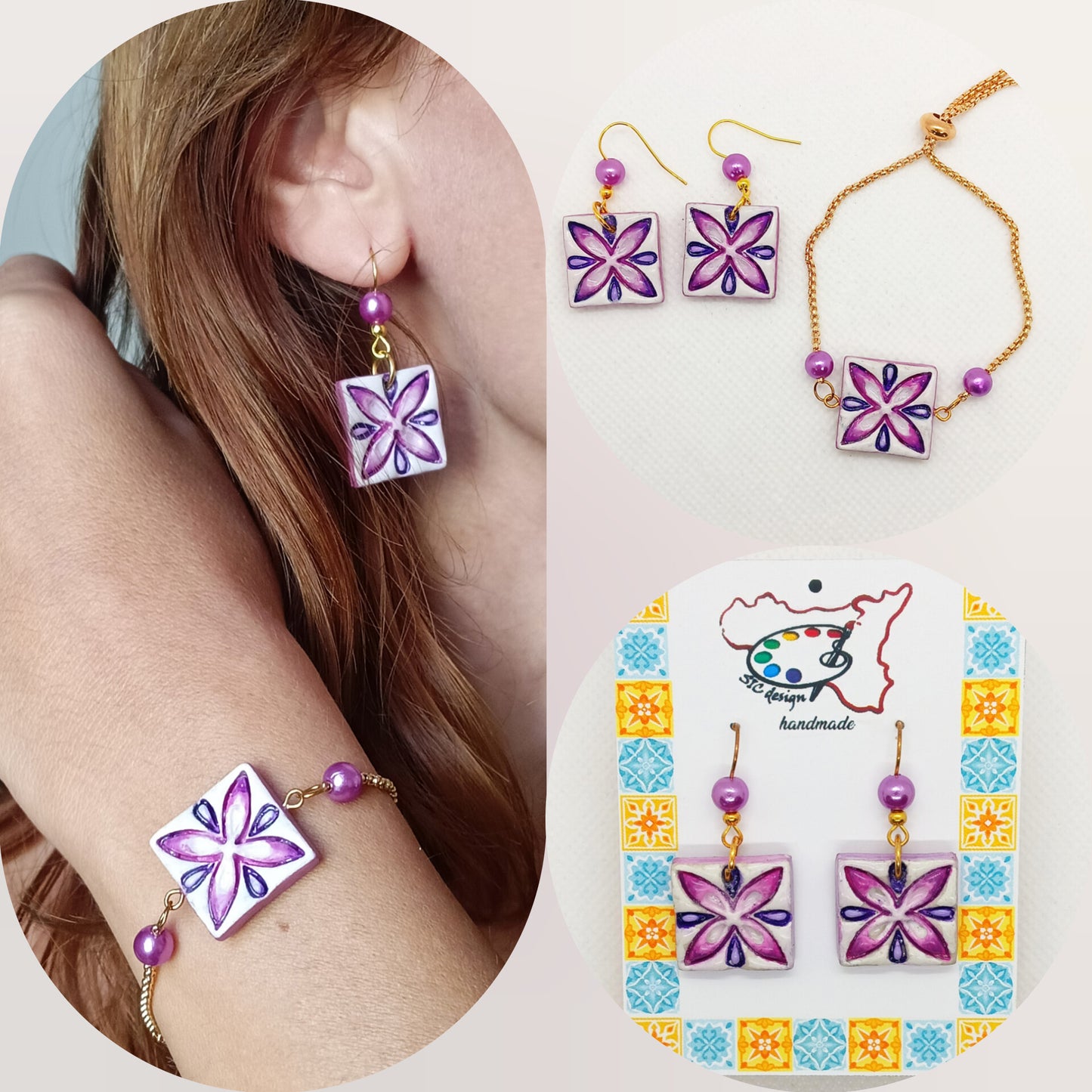 02. Set coordinato Orecchini e Bracciale Dipinti a mano  – Petali viola