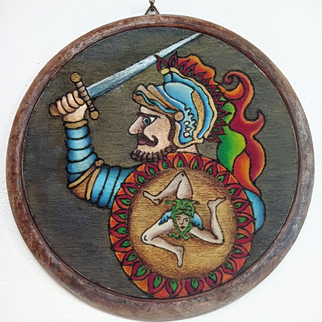 Paladin pyrography and painting on wood