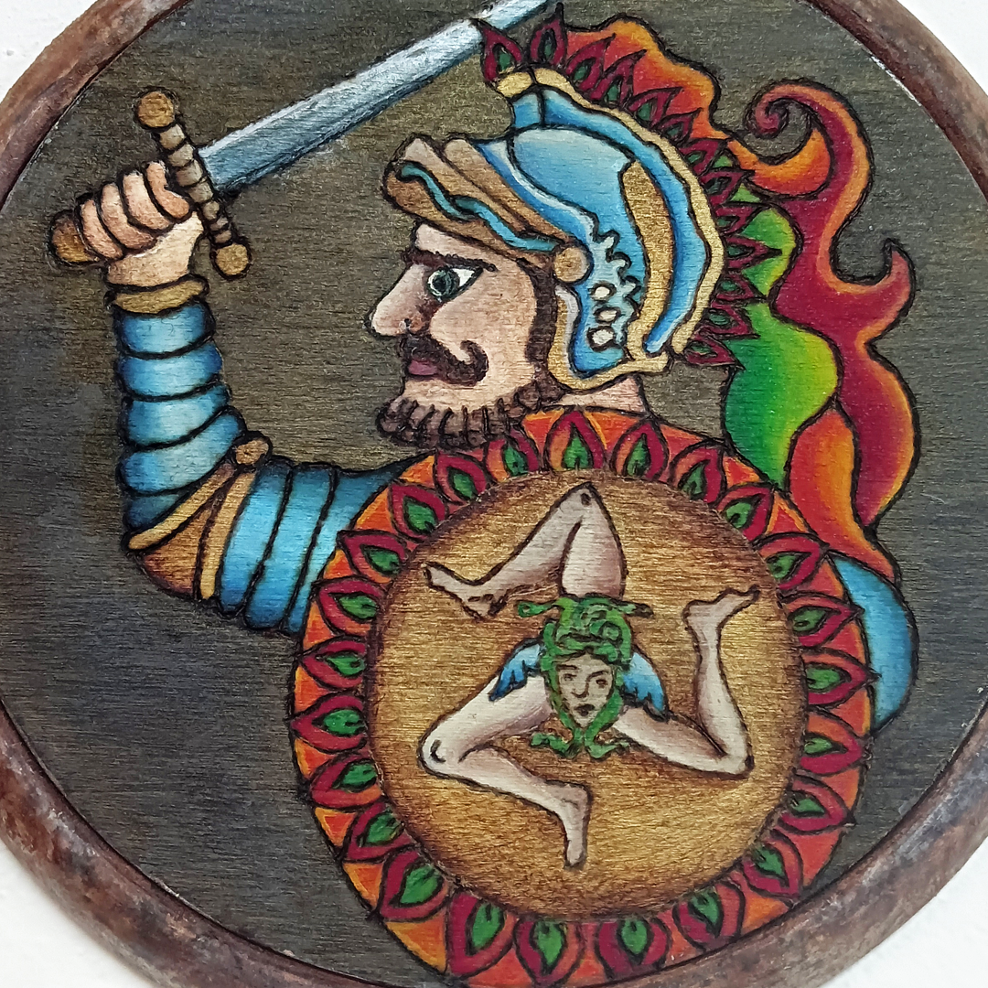 Paladin pyrography and painting on wood