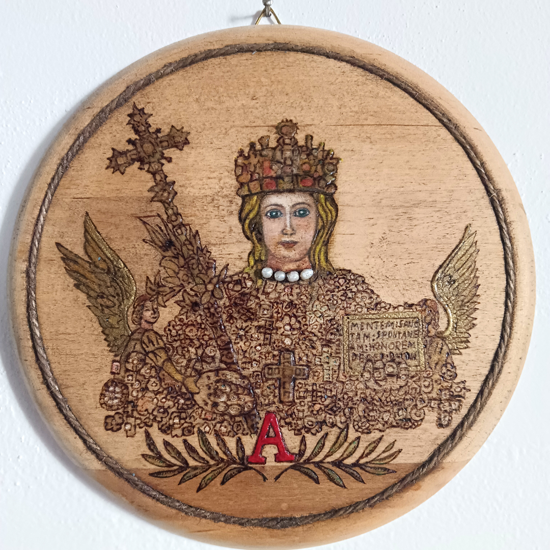 Saint Agatha pyrography and painting on wood 