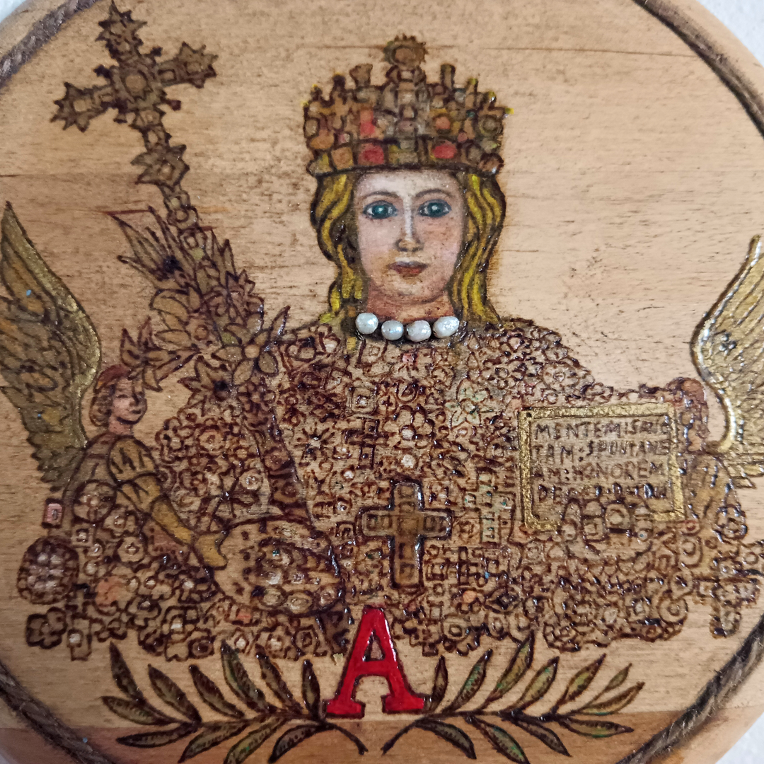 Saint Agatha pyrography and painting on wood 