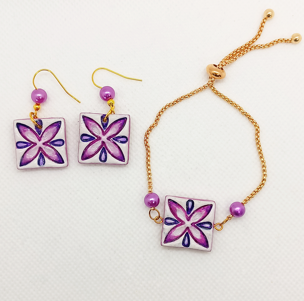 Hand-Painted Earrings and Bracelet Set – Purple Petals