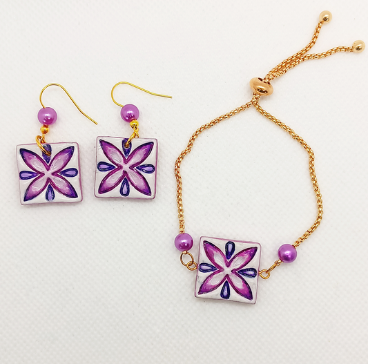 22. Set coordinato Orecchini e Bracciale Dipinti a mano  Petali viola